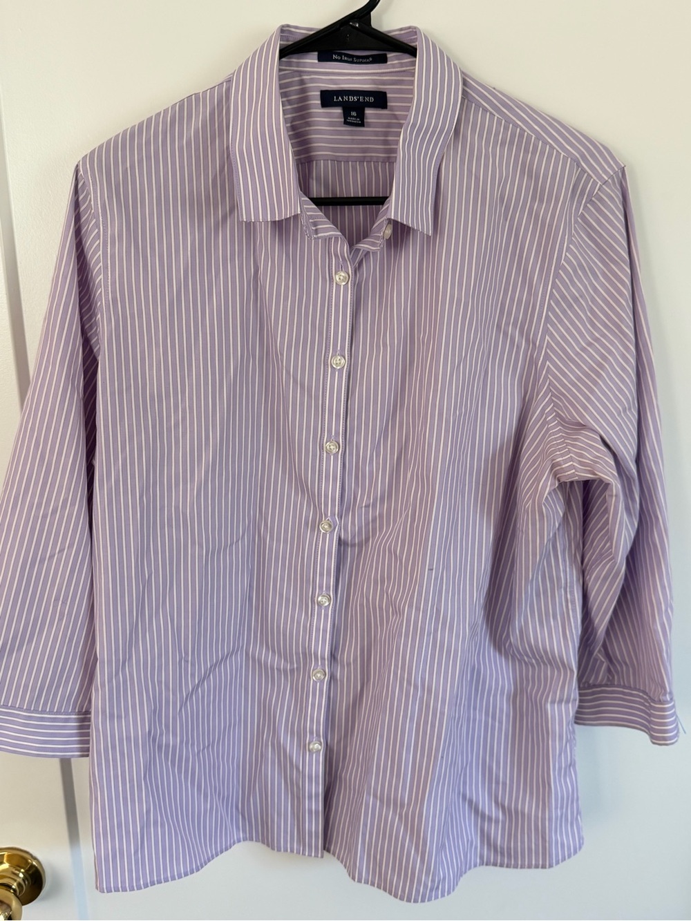 Lands' End Button Up Shirt Women's Purple Striped Long Sleeve Collared Size 16